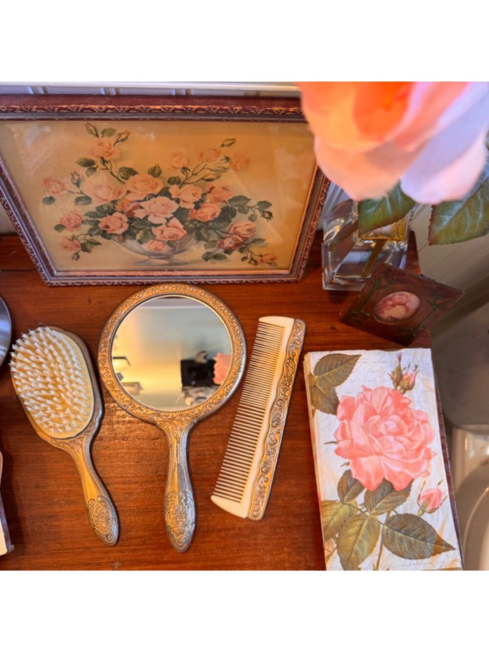 Victorian Silver Plate 3 Pc Vanity Set Mirror Brush & Comb Ornate Design Patina - Picture 8 of 16